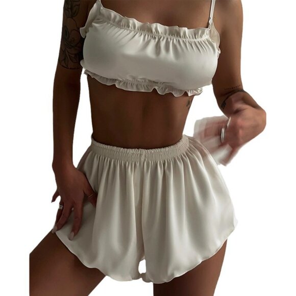 Cute pure Desire lace patchwork suspenders Solid color bare waist shorts two-pie - Picture 5 of 9